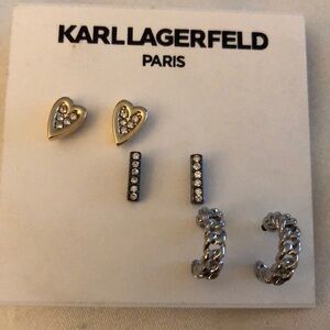 Karl Lagerfeld Paris Tri Tone 3 Pair Earring Set Heart, Bar & Hoops NWT